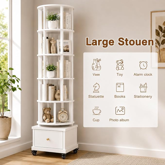 6 Tier Rotating Bookshelf with Drawer, 360° Round Spinning Bookshelf Tower with - Image 5