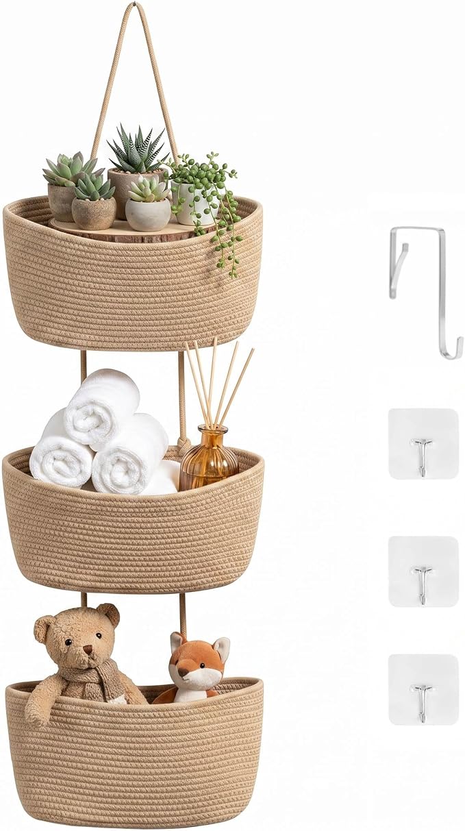 3-Tier Over the Door Hanging Basket, Cotton Rope Woven Decorative Hanging by Unknown
