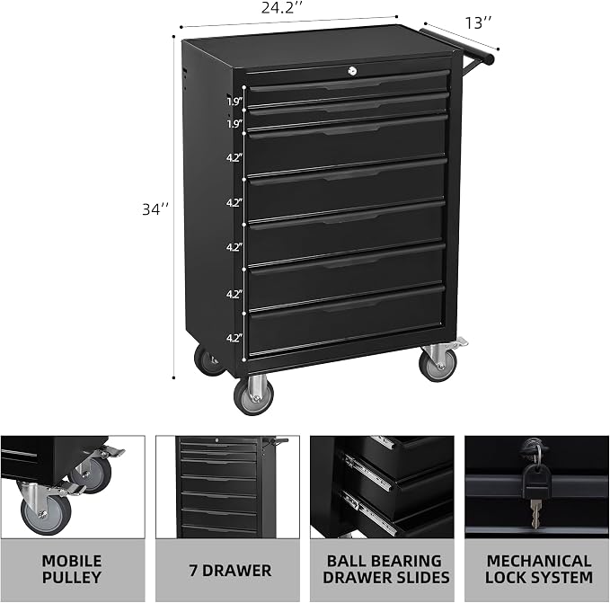 7-Drawer Rolling Tool Chest Cabinet, Large Capacity Metal Tool Box - Image 3