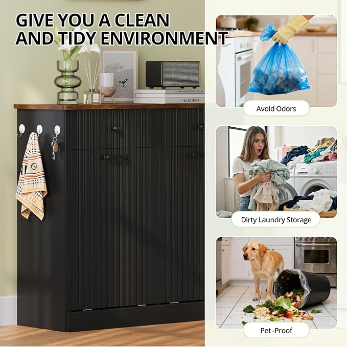 Double Tilt Out Trash Can Cabinet, 20 Gallon Fluted Laundry Hamper Cabinet - Image 4