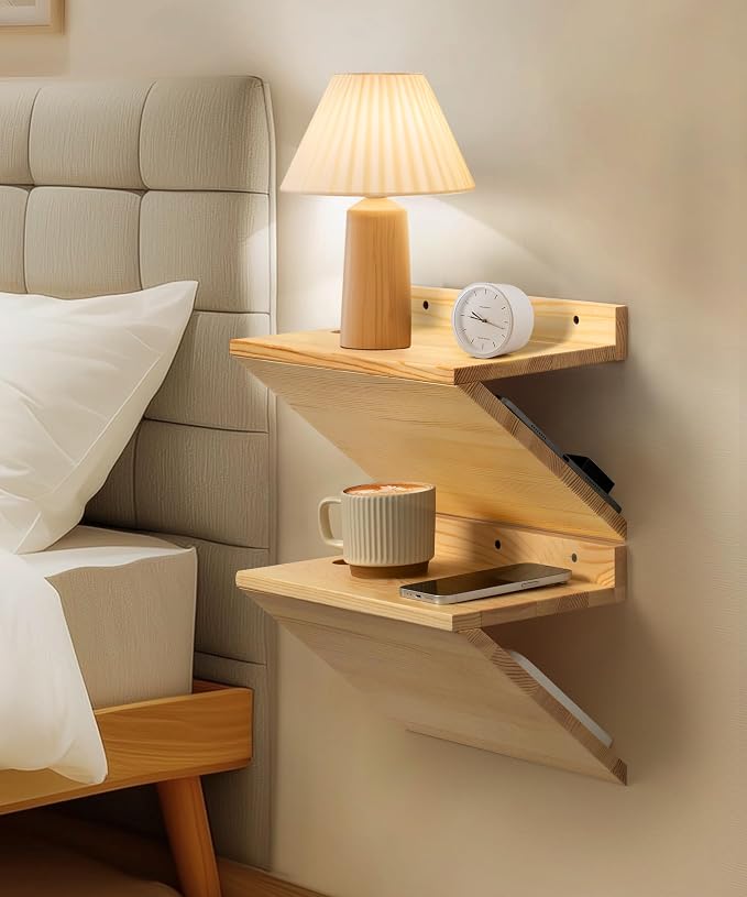 Floating Nightstand, Rustic Wooden Floating Bedside Table Z-Shape Wall Mounted - Image 3