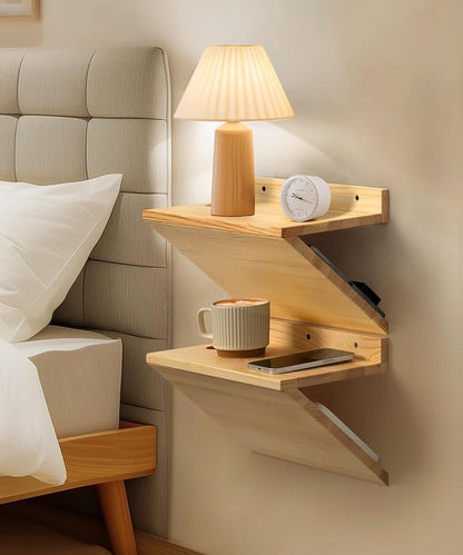 Floating Nightstand, Rustic Wooden Floating Bedside Table Z-Shape Wall Mounted - Image 3
