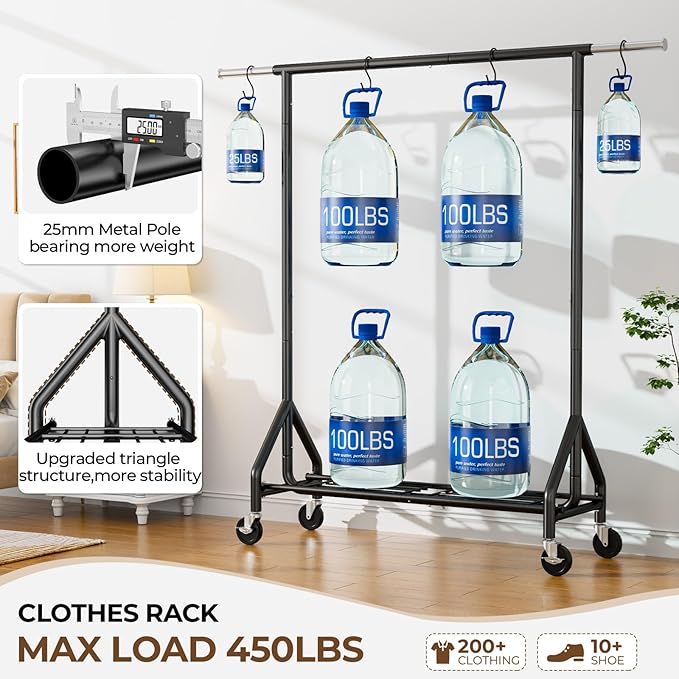 Heavy Duty Clothes Rack Load 450 LBS, Metal Garment Rack, Standing Rolling - Image 2