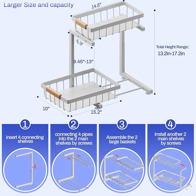 ADBIU 2 Pack Under Sink Organizers and Storage, Height Adjustable 2-Tier Pull - Image 2