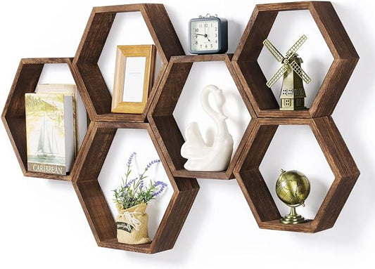 Hexagon Floating Shelves Set of 6 Farmhouse Honeycomb Wall Storage Shelf Wood by CADUKE