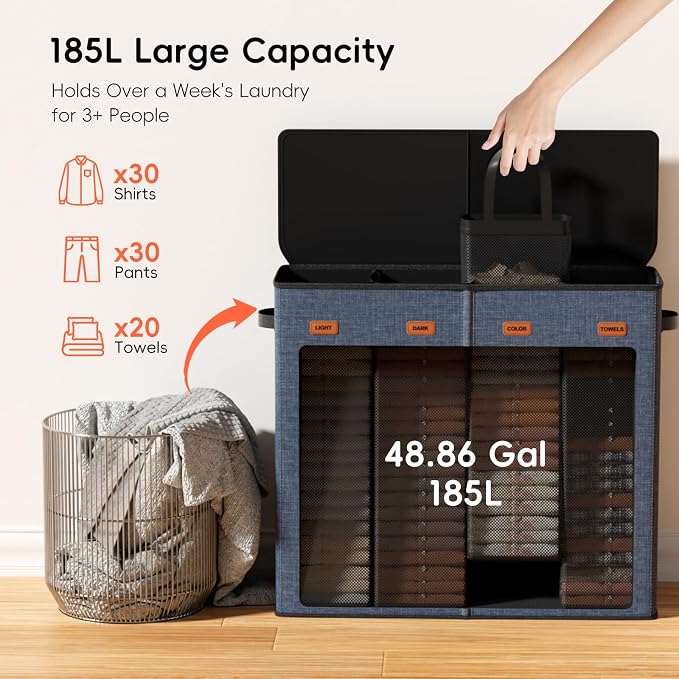 Laundry Hamper 4-Section with Lid, 185L Laundry Sorter with 4 Removable Bags + - Image 3