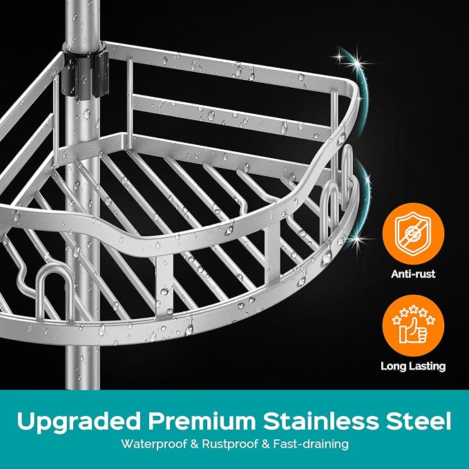 HAMITOR Corner Shower Caddy Tension Pole: Rustproof 4-Tier Bathroom Organizer - Image 5