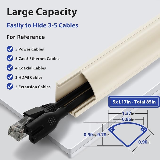 ZhiYo Corner Cable Hider for 3-5 Cords, Wall & Floor Cord Hider 85in Beige | 5 - Image 2
