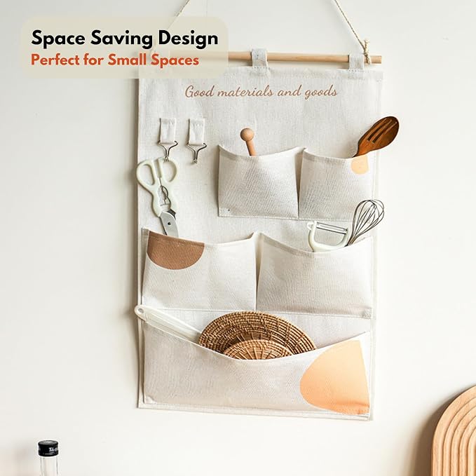 Wall Hanging Organizer with Pockets, Over Door Storage Organizer with Wooden Rod - Image 4