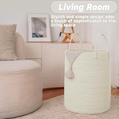 Large Woven Laundry Basket Hamper, 80L Cotton Rope Storage Bin - Image 3