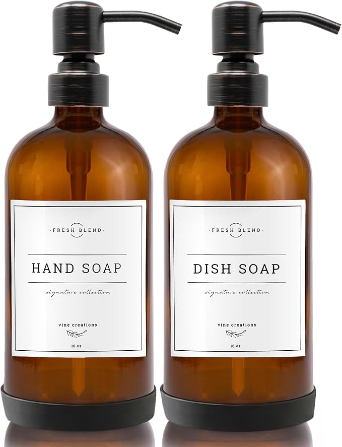 Vine Creations Amber Glass Soap Dispenser, 2 Pack Kitchen Soap Dispenser Set by VineCreations