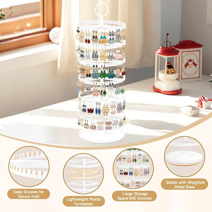MODOWEY Rotating Earring Holder Organizer Adjustable Display, 6 Tiers White | - Image 5