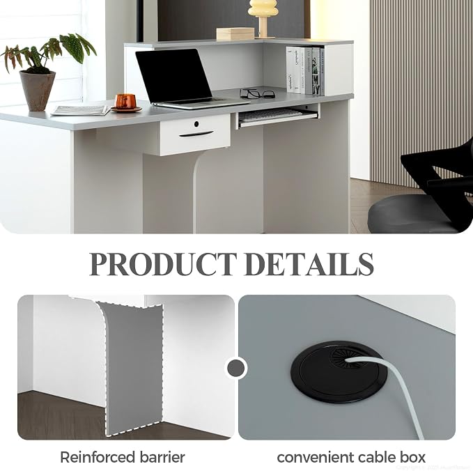 L Shape Reception Desk with Counter, Lockable Drawer, Keyboard Tray, and - Image 4