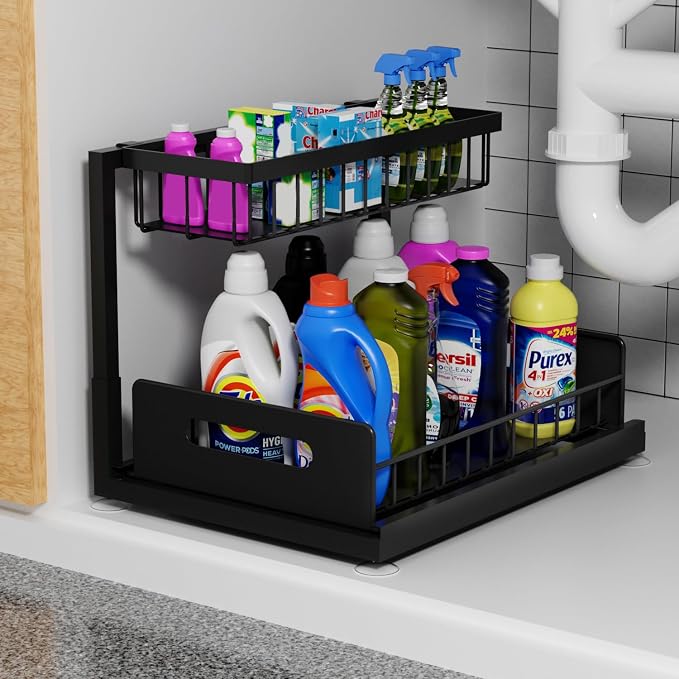 2-Tier Under Sink Slide Out Organizer, Pull Out Cabinet Storage Shelf by Lxmons