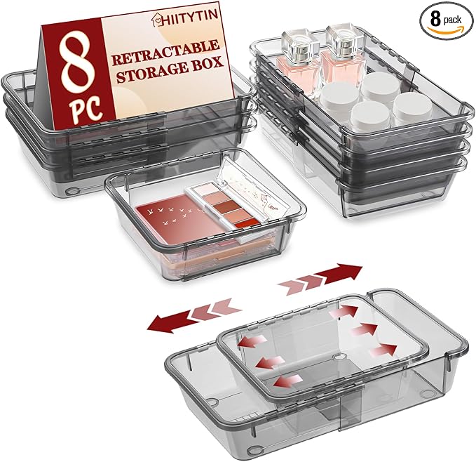 8 PCS Black Expandable Drawer Organizer, Large Drawer Organizers and Storage by Hiitytin