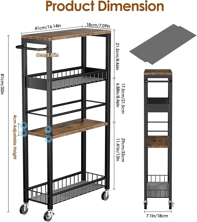 Slim Rolling Storage Cart, 4 Tier Narrow Storage Cart, 7.1in | Metal Kitchen - Image 7
