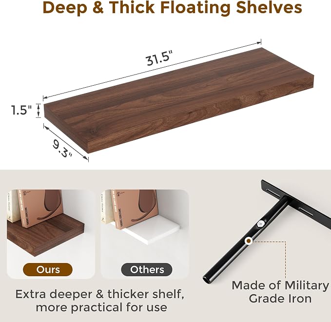 32 Inch Floating Shelves for Wall Set of 2, Rustic Wood Wall Mounted Floating - Image 3
