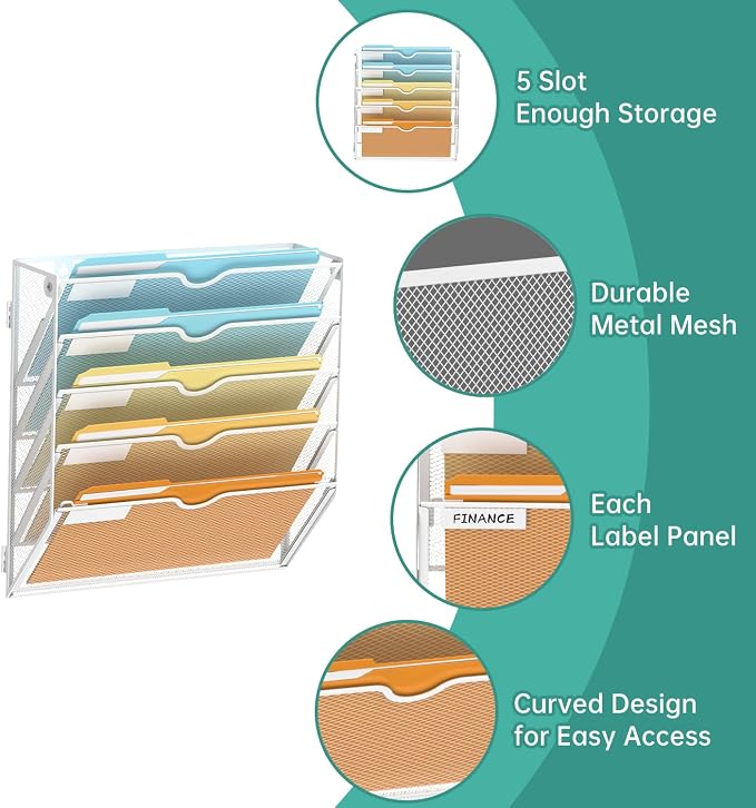 SUPEASY 5-Tier Wall File Organizer Mesh Office Mail Holder, Hanging Wall - Image 3