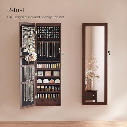 SONGMICS 6 LEDs Mirror Jewelry Cabinet, 47.2-Inch Tall Lockable Wall or Door - Image 3