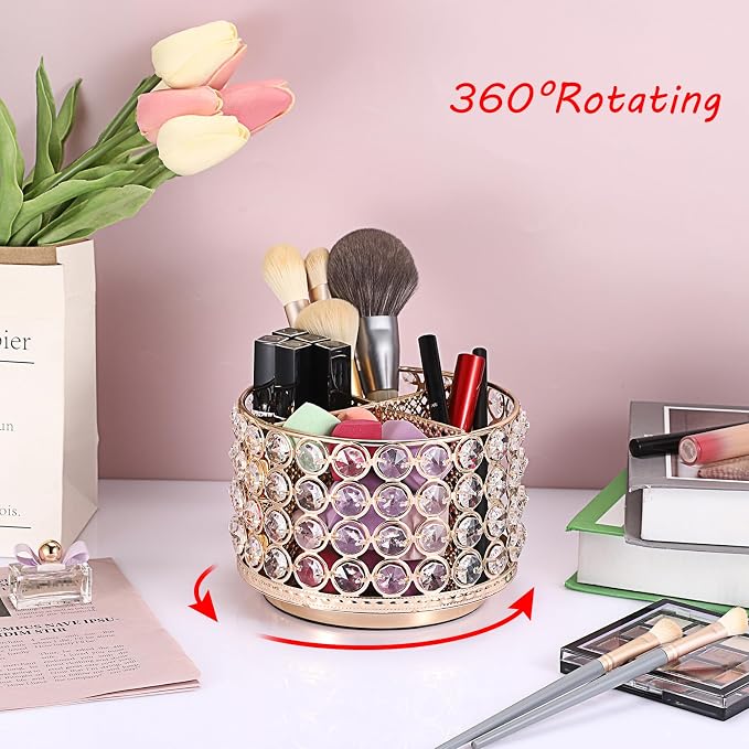 Hipiwe Crystal Vanity Organizer 360 Rotating Makeup Brush Holder Spinning - Image 2