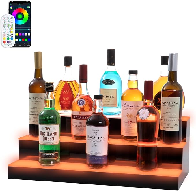 Led Lighted Liquor Bottle Display Shelf, 24 Inch 3 Tier Whiskey Rack, Support by LEEKIMID