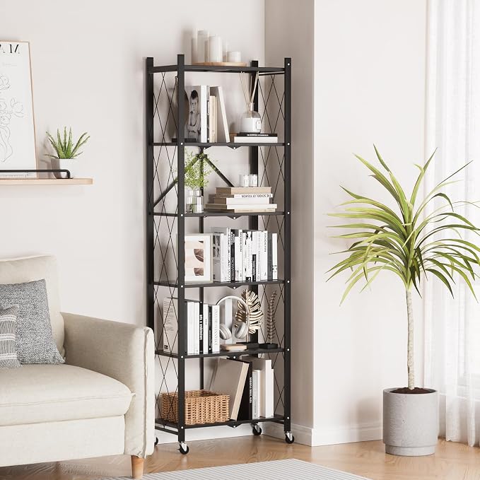 ALANNG 73.6 Inch Folding Bookshelf, 6 Tier Metal Bookcase and Bookshelves | - Image 2