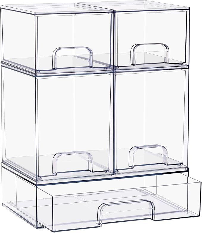 Sorbus Stackable Acrylic Storage Drawers – 2 Small + 2 Tall + 1 Wide – 5 Pack - Image 8