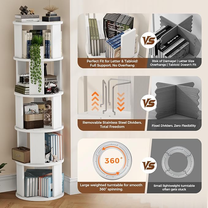 5 Tier Rotating Bookshelf Tower, 360° Display Round Bookcase, Floor Standing - Image 4