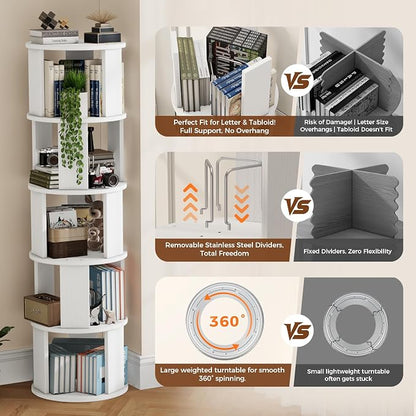 5 Tier Rotating Bookshelf Tower, 360° Display Round Bookcase, Floor Standing - Image 4