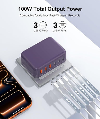 Fast Charger Block, GaN 6 Port USB C Charging Station Hub Cube, 100W Multiport - Image 2