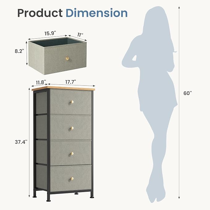 DUMOS Nightstand with 4 Drawers, Bedside Table with Removable Fabric Bins - Image 2