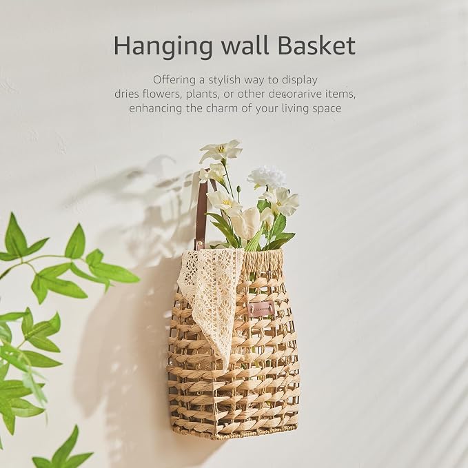 Woven Front Door Basket Water Hyacinth Wall Hanging Basket Decorative Boho - Image 3