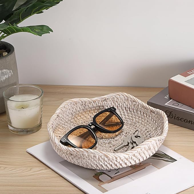 Hipiwe Decorative Key Tray Rattan Storage Bowl Food Serving Basket - Image 2
