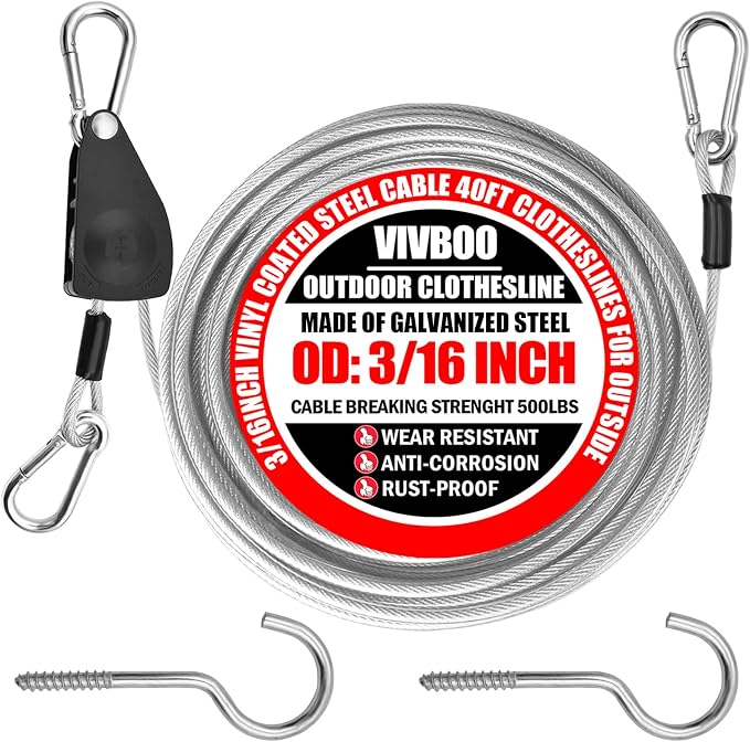 40ft Clothes Line Outdoors 3/16" Wire Ropes Silver PVC Coating Laundry Drying by VIVBOO