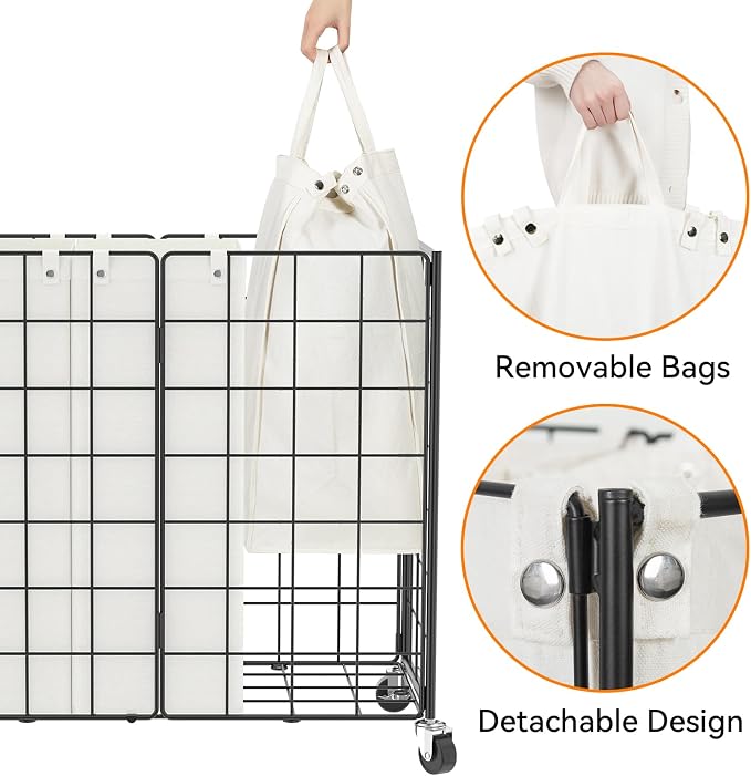 WOWLIVE Laundry Hamper with Wheels, Metal Wire Frame Rolling Laundry Basket 3 - Image 6