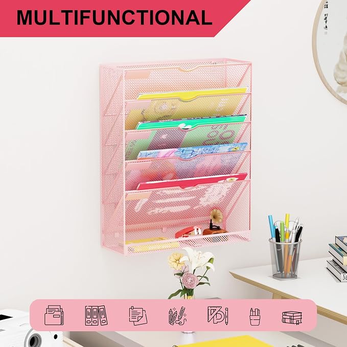 Hanging Wall File Organizer 6 Tier Wall Mounted Mail Paper Folder Holder - Image 6