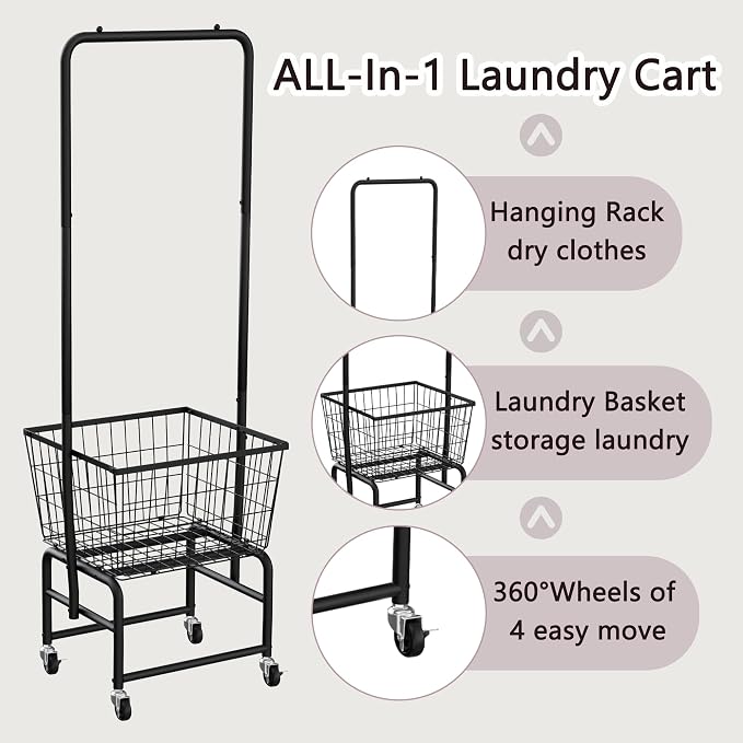 Rolling Laundry Cart with Wheels, Laundry Hamper Basket Organizer with Clothes - Image 4