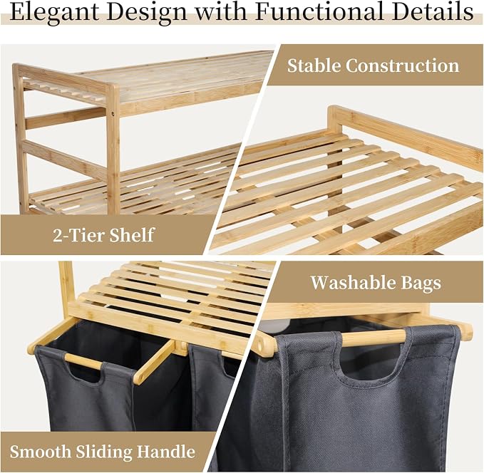 Bamboo Laundry Hamper with Shelf 200L, Laundry Basket 2-Tier with 4 Pull-Out - Image 3