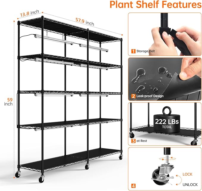 Bstrip 5-Tier Plant Shelf with Grow Light, Large L-Shaped or Long Shape Indoor - Image 9