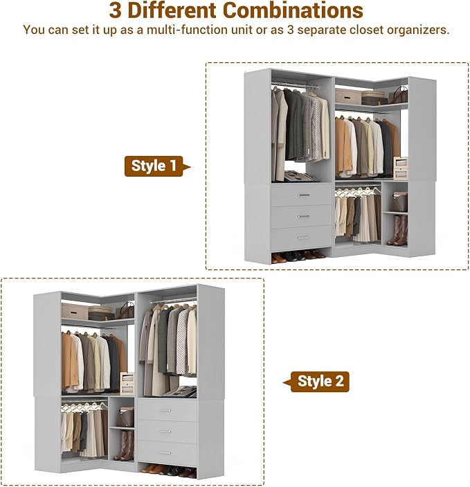 Aheaplus Closet System with 3 Drawers, 2 Hanging Rods & Corner Tower, Corner - Image 5
