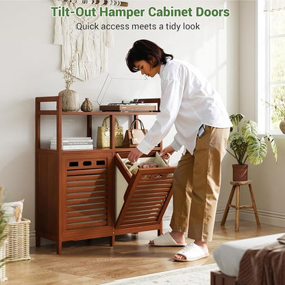 Homykic Tilt Out Laundry Hamper Cabinet, Bamboo Double Laundry Hamper - Image 4
