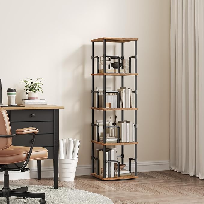 MAHANCRIS 4-Tier Rotating Bookshelf, Freestanding Corner Bookshelf, 360° - Image 8