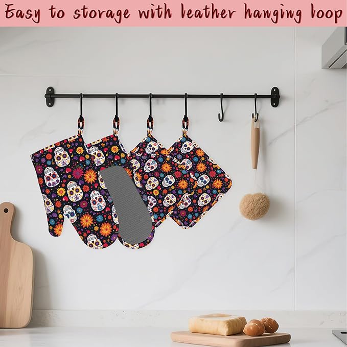 Mexican Skull Heat-Resistant Silicone Oven Mitts and Pot Holders 4 Piece Set - Image 5