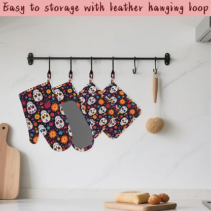 Mexican Skull Heat-Resistant Silicone Oven Mitts and Pot Holders 4 Piece Set - Image 5
