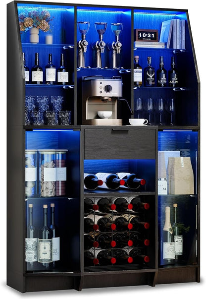 59.05" Wine Bar Cabinet W/ LED Lights & Tempered Glass Door, Home Bar Liquor - Image 8