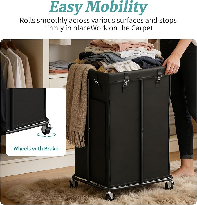 Laundry Hamper with Wheels, Rolling Laundry Basket with Metal Frame and - Image 7