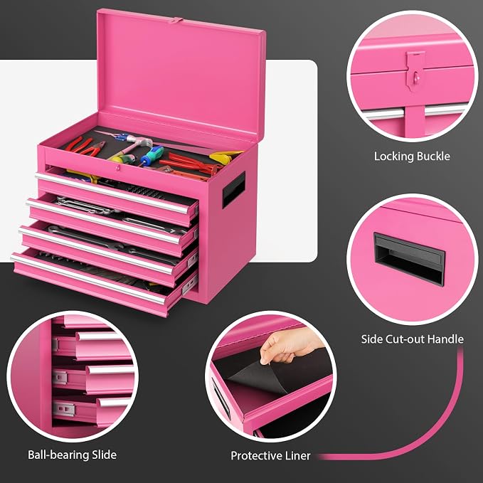 Goplus Pink Tool Chest, 5 Drawers Rolling Tool Cabinet w/Detachable Top Toolbox - Image 7