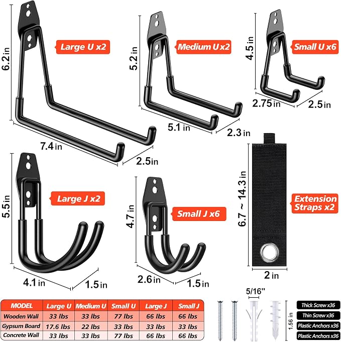 20 Pack Heavy Duty Garage Hooks, Solid Steel Wall Mount Hangers, - Image 2