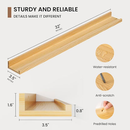Picture Ledge Shelf, Solid Pine Wood Floating Shelves Set of 2, 32 Inches - Image 3