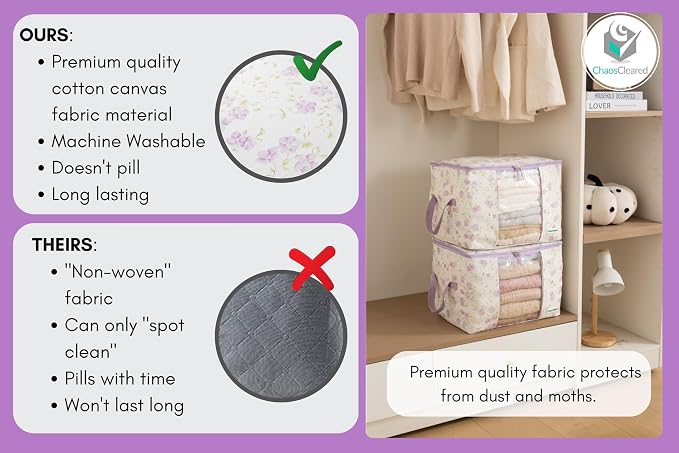 Designer Canvas Clothing Storage Bags 2 Pack Purple Floral Clothes Organizer - Image 4